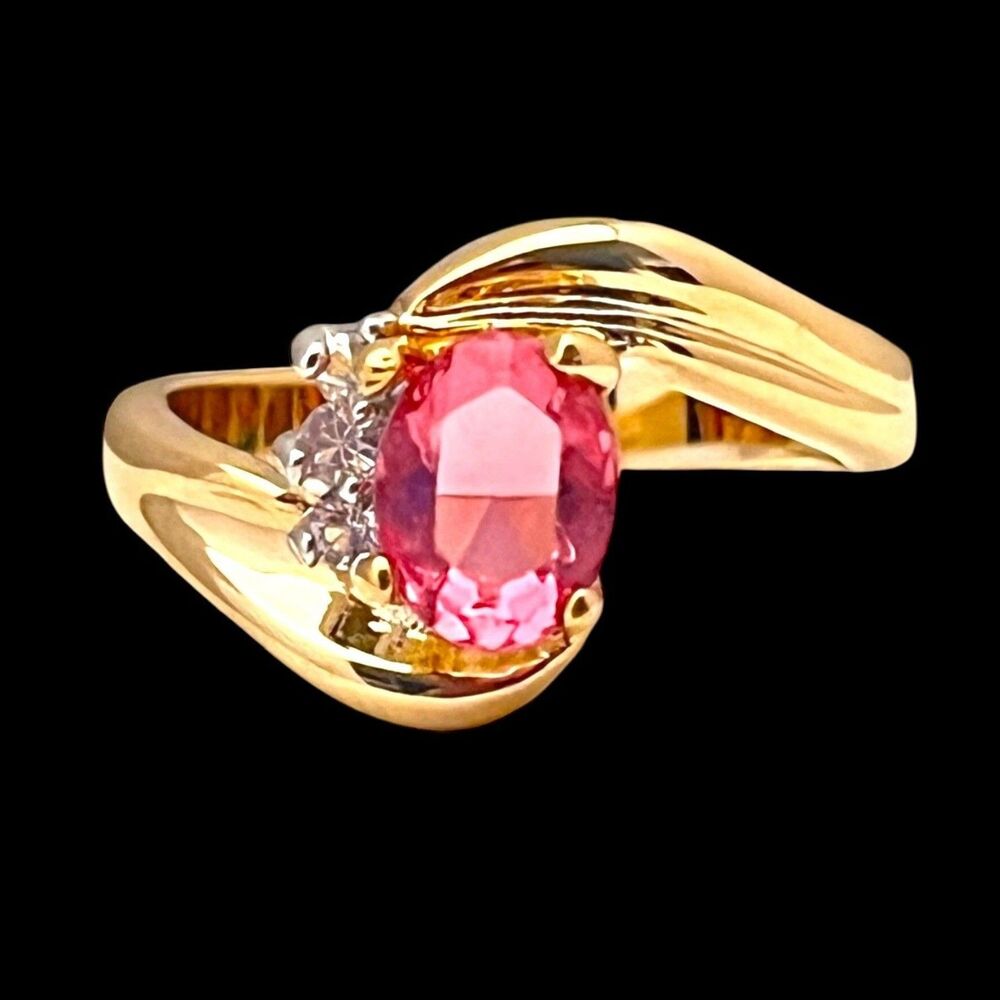Vintage 1980s Pink Crystal Ring Size 6 14KGE Gold Plate  - 3P